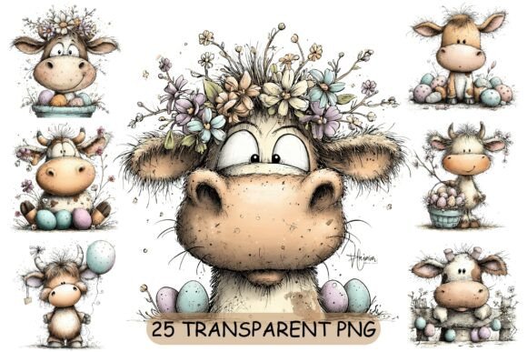 25 Cute Easter Cow PNG Clipart Set for Spring