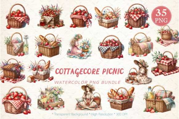 Cottagecore Picnic Watercolor Collection: Elevating Digital Craft with High-Resolution Art